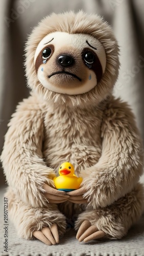 Sad Plush Sloth Holding a Rubber Duck Toy.
