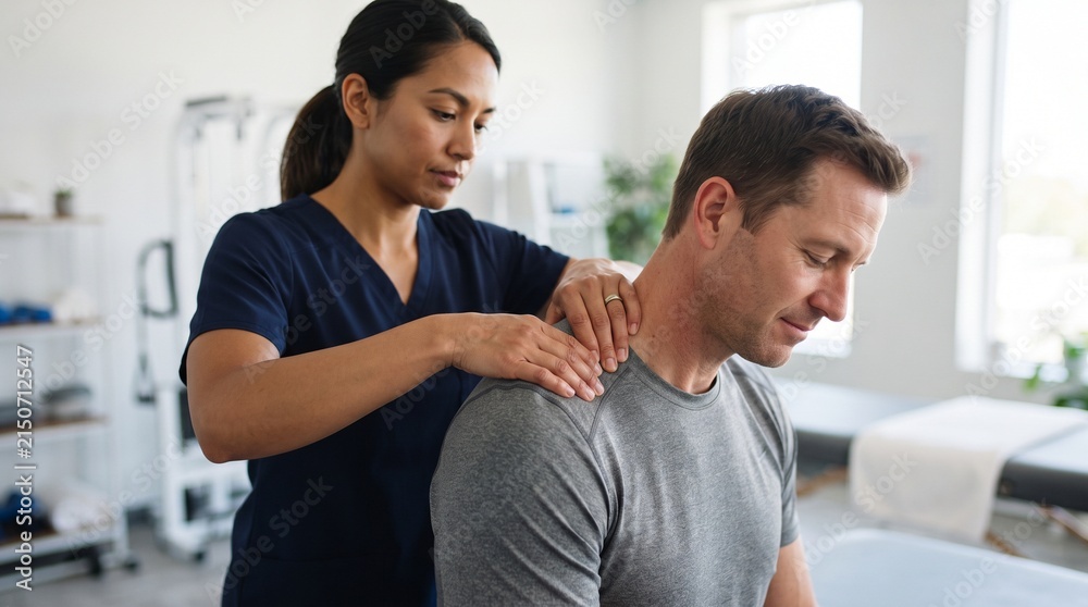 Fototapeta premium Therapeutic Shoulder Massage for Muscle Recovery in Rehabilitation Clinic