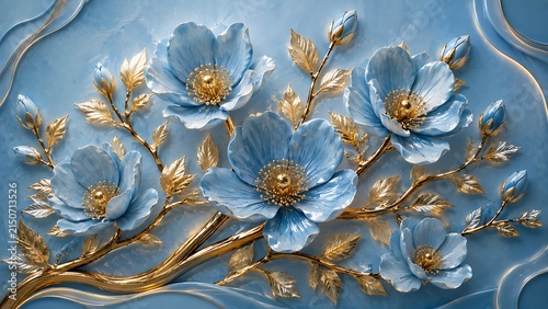 Beautiful 3D wall art featuring sculpted baby blue flowers with shimmering gold centers, stems, and leaves on a matching blue backdrop.