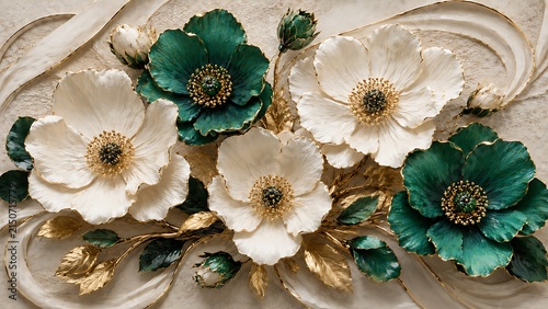 Elegant 3D wall art featuring finely textured white and emerald green anemone flowers with golden edges and beaded centers.