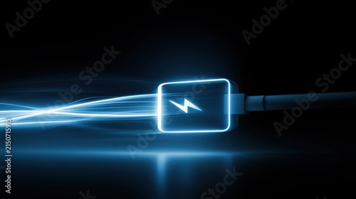 Glowing blue lightning bolt symbol on a charger plug with abstract light trails representing energy and power, symbolizing fast charging and technology.