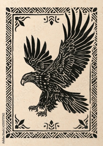 Fierce soaring eagle with geometric borders in a linocut print on textured offwhite paper with vintage aesthetic