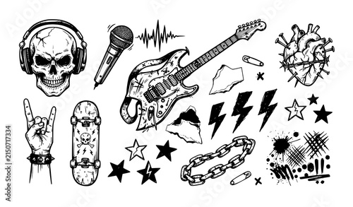 Alternative Rock Music Tattoo Doodle Sticker Vector Illustration Set