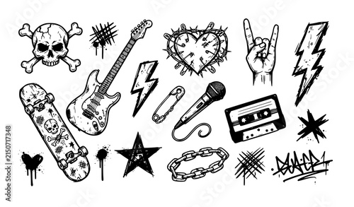 Rock N Roll Punk Music Doodle Sticker Set Hand Drawn Vector Illustration