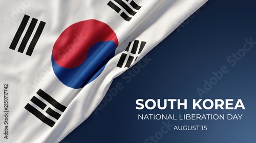 Waving south korean flag with red and blue taegeuk symbol and black trigrams on white fabric against a dark blue background with south korea national liberation day august 15 text overlay