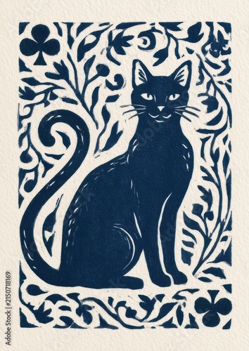 Elegant cat seated in vintage linocut style with navy ink on textured offwhite paper
