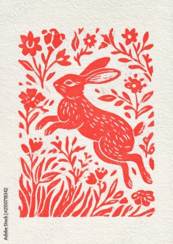 Jumping rabbit with floral motifs in a red linocut print on textured offwhite paper with vintage feel