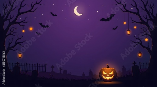 A spooky halloween night scene with a crescent moon bats and glowing jack o' lanterns