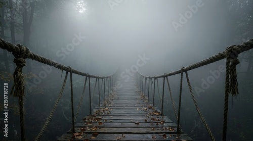Misty ethereal forest scene features a long, weathered wooden rope bridge stretching into thick fog, creating a mysterious and atmospheric journey through dense woods.