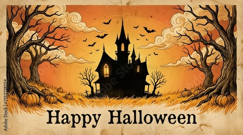 A spooky and atmospheric halloween scene featuring a dark castle silhouetted against a vibrant orange and yellow sunset