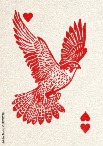 Fast falcon in midair rendered as a red linocut print on offwhite textured paper with a vintage aesthetic
