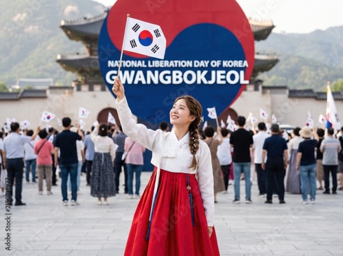 Young woman in traditional korean hanbok dress holding a small south korean flag during gwangbokjeol national liberation day celebration in front of gyeongbokgung palace with a crowd of people