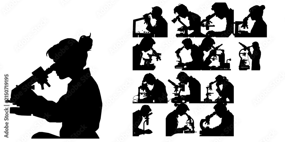 Obraz premium Scientist Looking Through A Microscope Silhouette