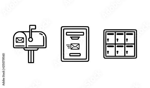 Mailbox and letterbox black outline icons for postal delivery and apartment communication