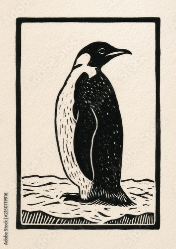 Penguin on ice in a linocut card design on textured paper with vintage aesthetic