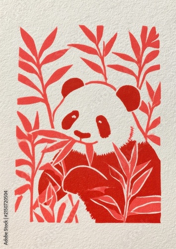 Giant panda eating bamboo in a vintage red linocut card design on textured offwhite paper