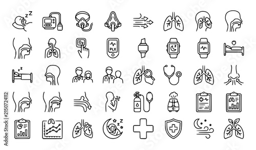 Sleep Apnea and Respiratory Health Outline Icons Set with CPAP Lungs Breathing and Healthcare Symbols