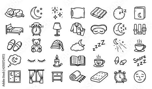 Hand Drawn Sleep Doodle Icons Set with Bed Pillow Moon Alarm Clock and Nighttime Symbols