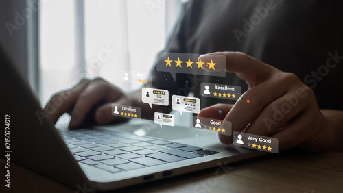 Customer use smartphone to Submit Feedback with Digital Satisfaction Ratings. Customer Service and Online Consumer Interaction in Business Platform, Virtual Icons for Positive Review.
