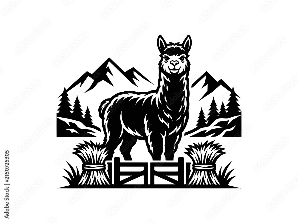 Naklejka premium Black and White Alpaca in Mountains with Hay Bales and Fence - Vector Art