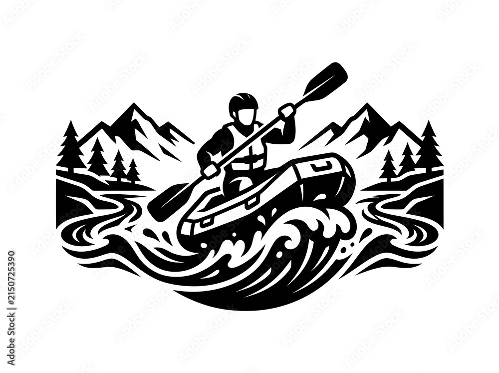 Fototapeta premium Black White Vector Icon of a Rafter in Rapids, Adventure Sport