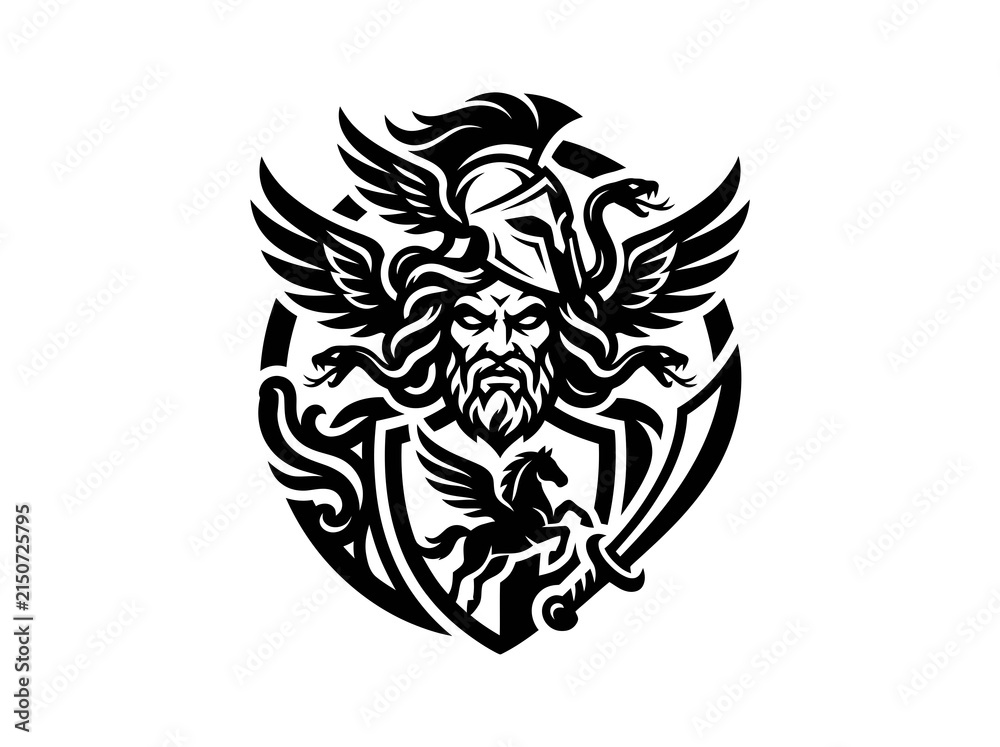 Fototapeta premium Black White Glyph Mythology Logo Emblem with Greek God Warrior, Spartan Helmet, Pegasus Snakes