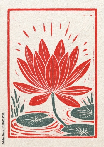 Serene waterlily on a pond in a decorative card motif inspired linocut print on textured offwhite paper