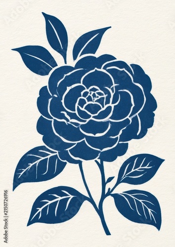 Camellia blossom linocut on textured offwhite paper with vintage card motif
