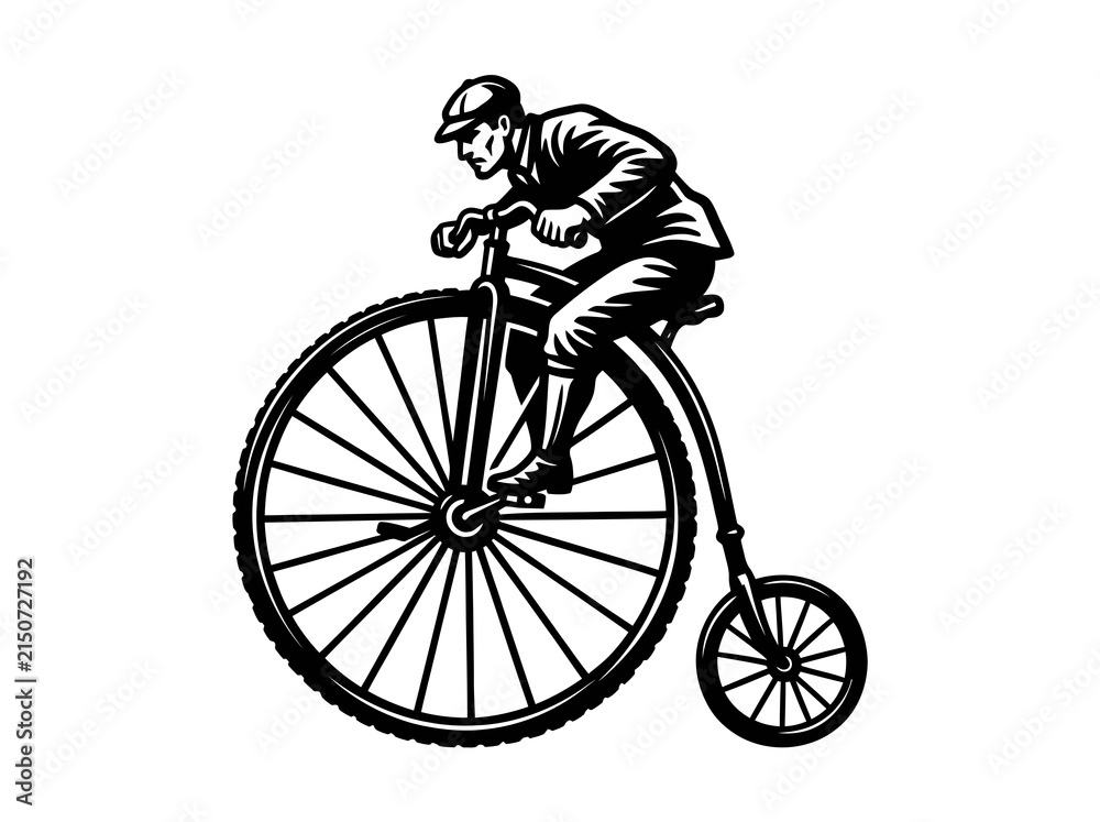 Fototapeta premium Vintage Penny Farthing Bicycle Rider Black and White Line Art Icon