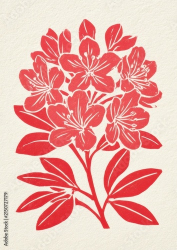 Rhododendron cluster linocut print on textured off white paper with vintage vibe