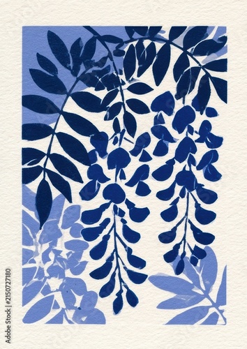 Hanging wisteria linocut print on textured off white paper with vintage vibe