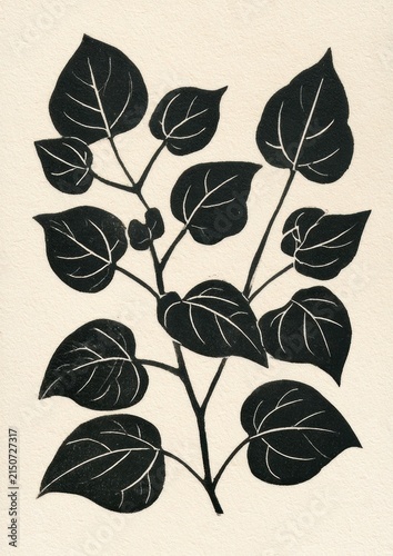 Bougainvillea branch with vibrant leaves in a vintage linocut print on off white textured paper