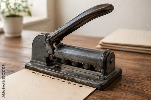 Vintage manual paper perforator on a wooden desk, revealing a neat row of circular holes.