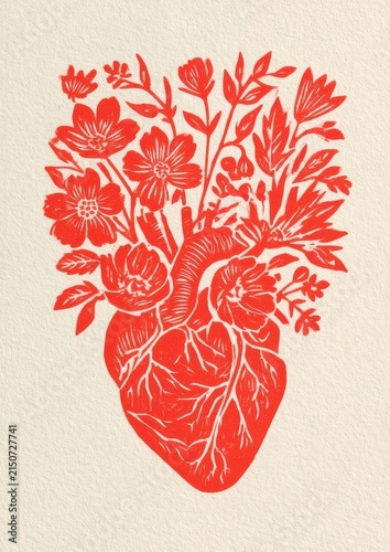 Anatomical heart bursting with blooming flowers in a red linocut card motif on textured offwhite paper with vintage aesthetic