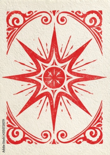 Shining mystical star with ornate rays in red linocut on textured offwhite paper with vintage aesthetic