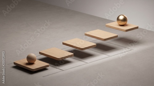 Wooden floating steps with gold sphere symbolizing progress