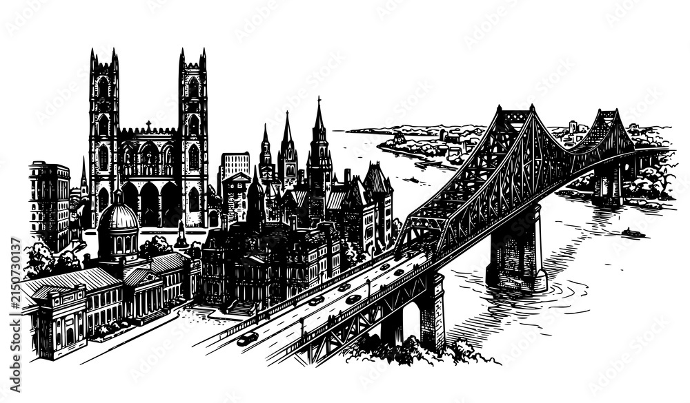 Obraz premium Vintage hand drawn Montreal city architectural sketch vector with historic landmarks and bridge