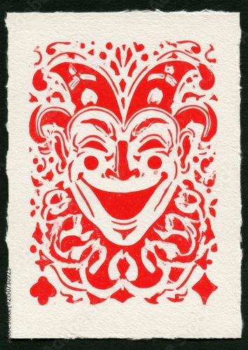 laughing theatrical mask with red linocut print on textured offwhite paper vintage aesthetic