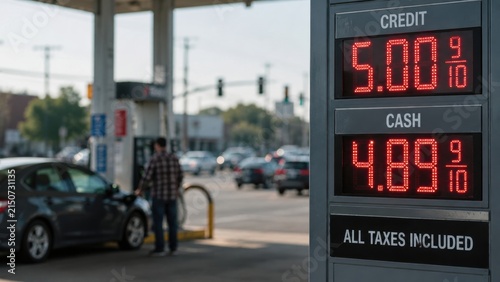 Gas station fuel prices with man refueling car
