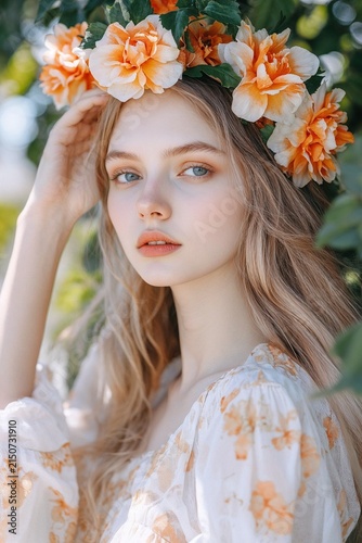 Beautiful young woman with a floral crown in a garden, soft spring lifestyle portrait
