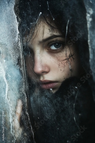 Cinematic portrait of a young woman looking through a frozen window with frost textures, dramatic moody atmosphere
