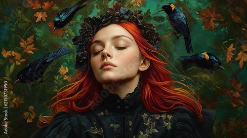 Dark fantasy portrait of a red haired woman with black crows and autumn leaves in a forest