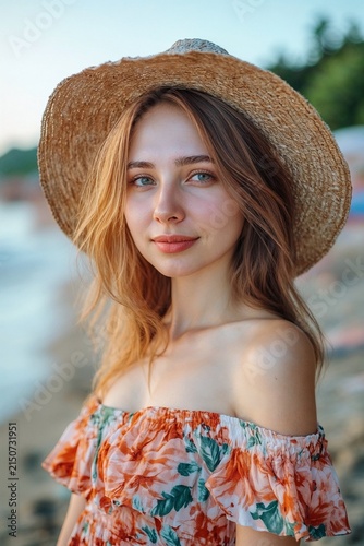 Young woman wearing a straw hat on a beach during golden hour sunset