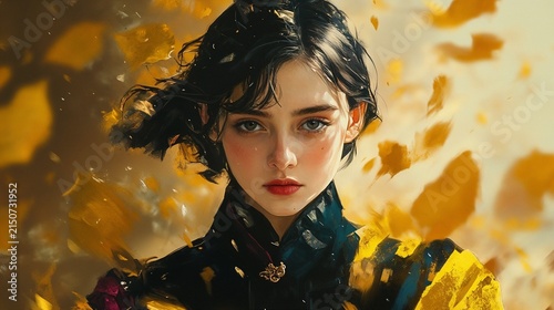 Digital art illustration of a beautiful girl surrounded by falling golden autumn leaves, dreamy fantasy style
