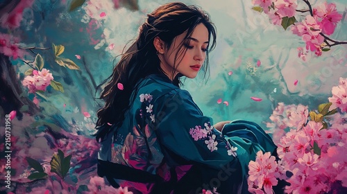 Ethereal portrait of a young woman in traditional kimono surrounded by pink cherry blossoms