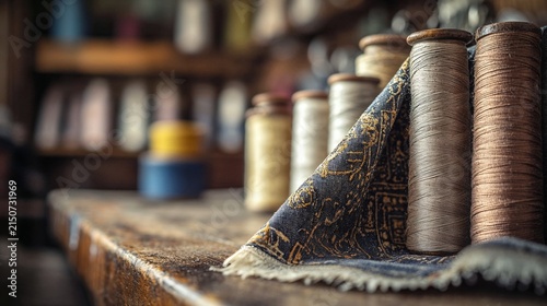 Vintage sewing concept with colorful thread spools and patterned fabric on wooden surface