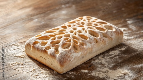 Decorative patterned artisan bread with intricate flour design on rustic wood surface