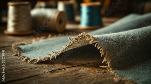 Macro shot of frayed teal linen fabric texture on rustic wooden table, close up details