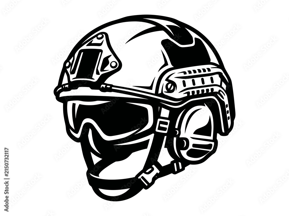 Fototapeta premium Military Tactical Combat Helmet with Goggles - Black and White Line Art Vector Illustration