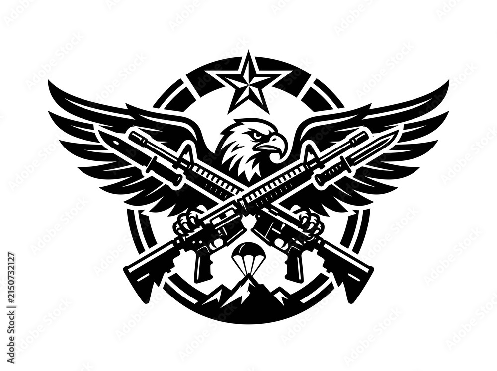Fototapeta premium Black and White Emblem: Eagle, Rifles, Parachute, Mountains, Star